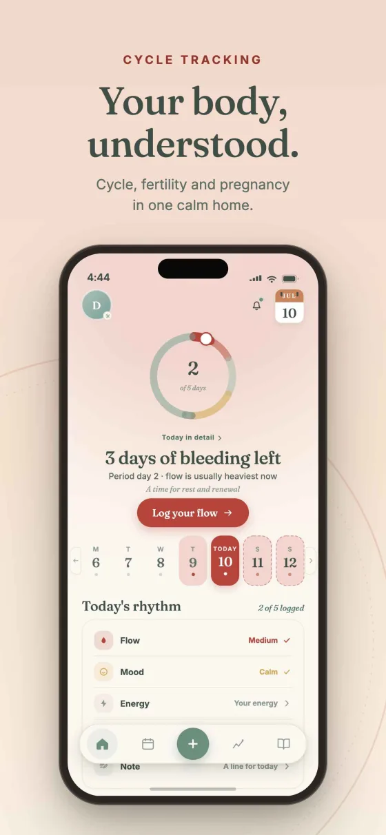 Dela's Cycle mode home screen with an estimated period day ring, a week strip of logged and estimated days, and today's rhythm entries