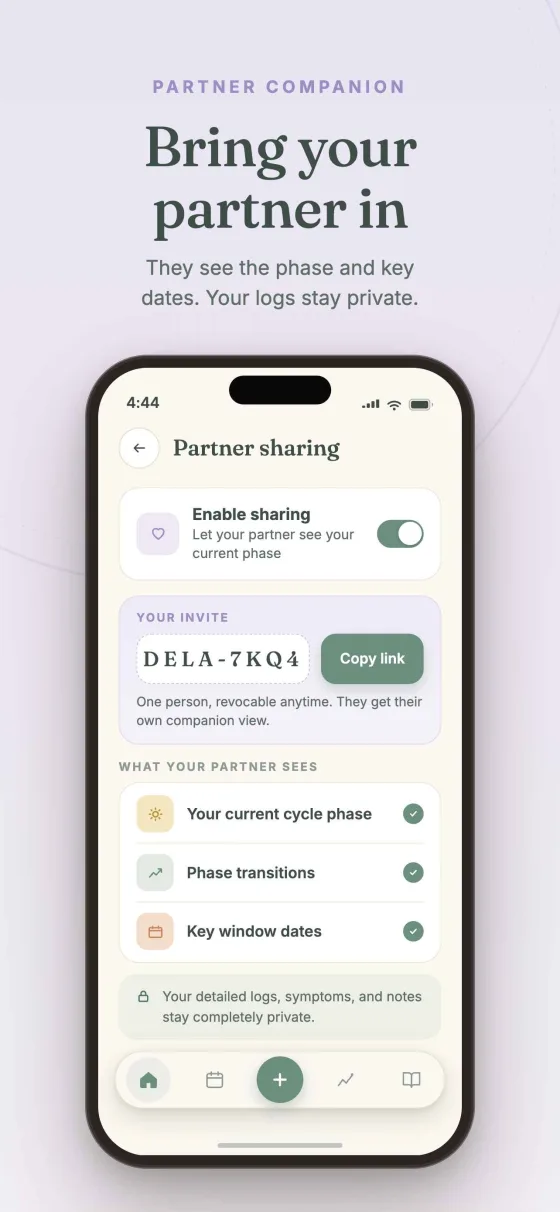 Dela partner view showing a gentle shared summary a partner can follow
