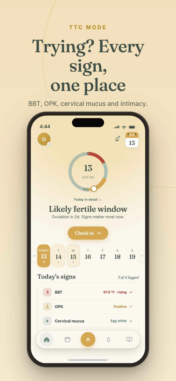 Dela Trying mode showing the estimated fertile window and ovulation day